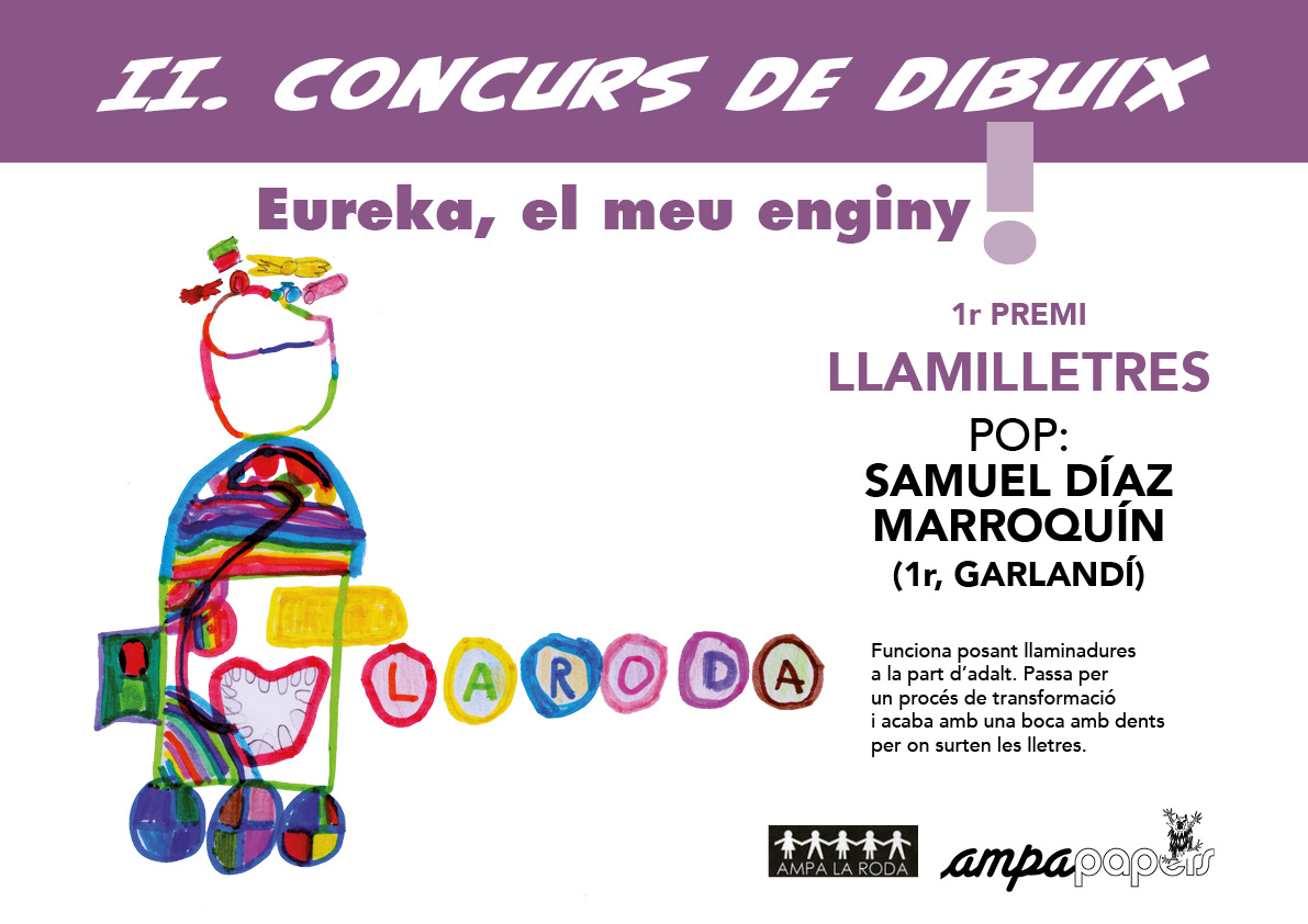 Valorem del dibuix guanyador la seva expressivitat, el seu traç decidit, la força dels seus colors i formes. És una màquina dolça i acolorida, un enginy original, una andròmina sobre rodes que fa dels caramels lletres rodones de colors. Què més es pot demanar? Reuneix tantes qualitats que ens ha enamorat i pensem que quedarà genial a la portada de la revista!